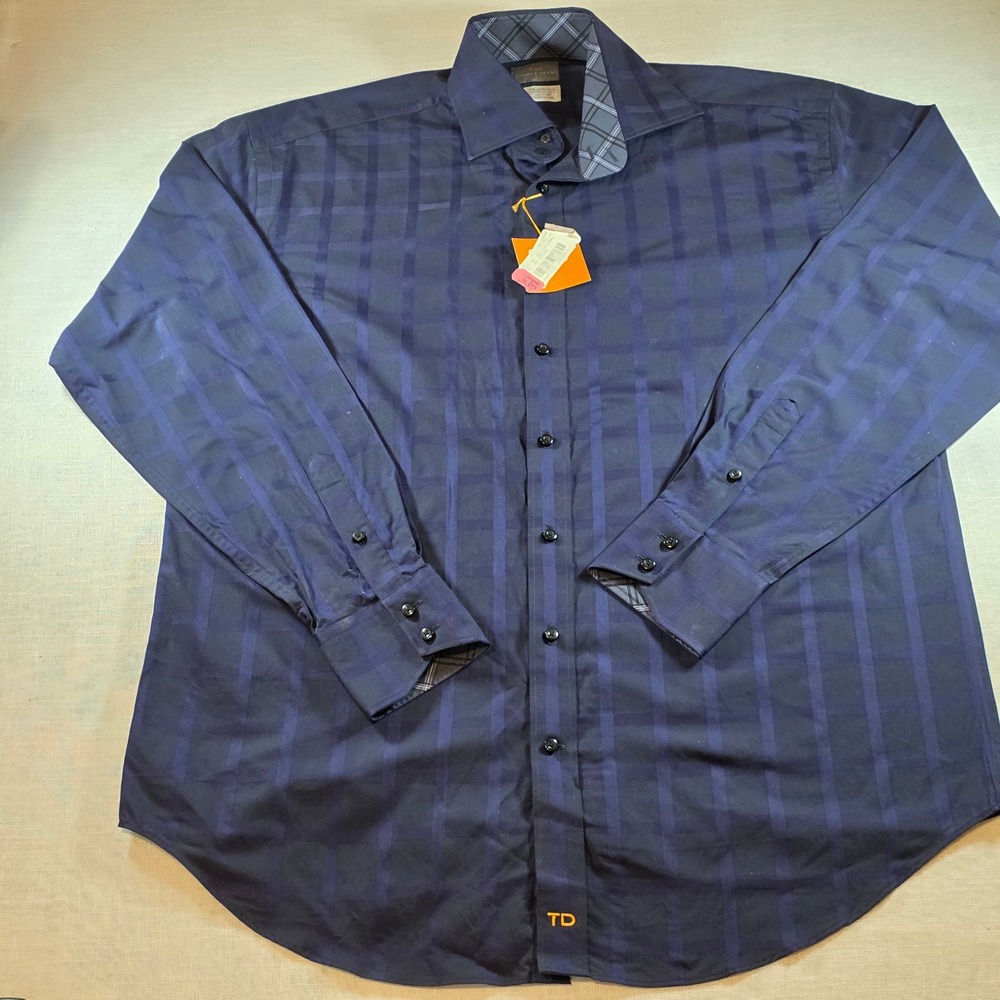 Thomas Dean Mens Navy Blue Windowpane Check Button Down Shirt Long Sleeve L
